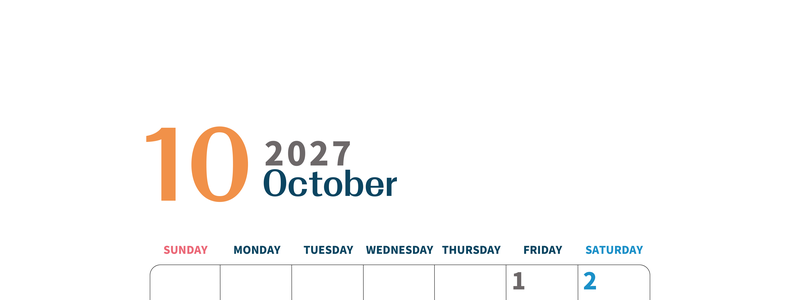 2027年10月縦型日曜始まり 書き込みしやすい文字が大きなA4無料シンプルなおすすめカレンダー 【No.202701091010】