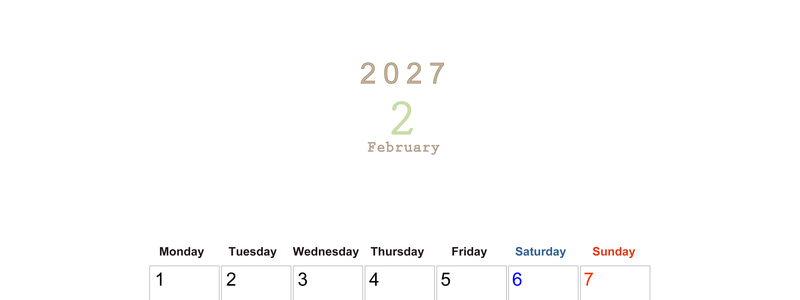2027年2月縦型月曜始まり 大きい文字が見やすく書き込みも楽な無料シンプルカレンダーをダウンロード(A4印刷) 【No.202701100211】