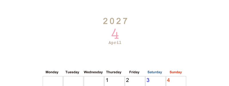 2027年4月縦型月曜始まり 大きい文字が見やすく書き込みも楽な無料シンプルカレンダーをダウンロード(A4印刷) 【No.202701100411】