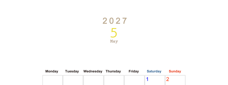 2027年5月縦型月曜始まり 大きい文字が見やすく書き込みも楽な無料シンプルカレンダーをダウンロード(A4印刷) 【No.202701100511】