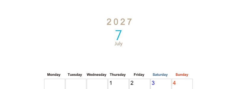 2027年7月縦型月曜始まり  大きい文字が見やすく書き込みも楽な無料シンプルカレンダーをダウンロード(A4印刷) 【No.202701100711】