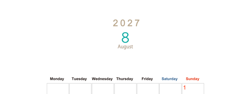 2027年8月縦型月曜始まり 大きい文字が見やすく書き込みも楽な無料シンプルカレンダーをダウンロード(A4印刷) 【No.202701100811】