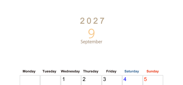 2027年9月縦型月曜始まり 大きい文字が見やすく書き込みも楽な無料シンプルカレンダーをダウンロード(A4印刷) 【No.202701100911】