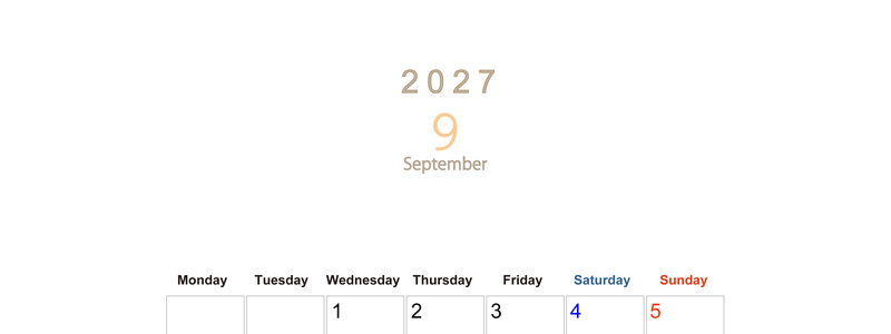 2027年9月縦型月曜始まり 大きい文字が見やすく書き込みも楽な無料シンプルカレンダーをダウンロード(A4印刷) 【No.202701100911】