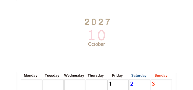 2027年10月縦型月曜始まり 大きい文字が見やすく書き込みも楽な無料シンプルカレンダーをダウンロード(A4印刷) 【No.202701101011】
