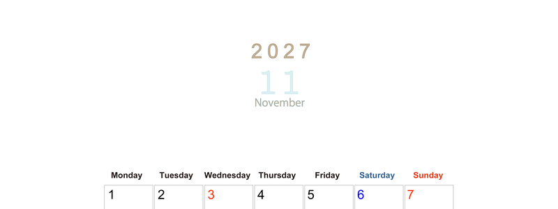 2027年11月縦型月曜始まり 大きい文字が見やすく書き込みも楽な無料シンプルカレンダーをダウンロード(A4印刷) 【No.202701101111】