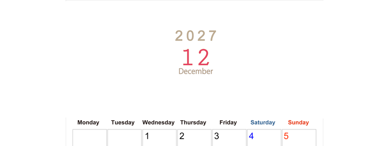 2027年12月縦型月曜始まり 大きい文字が見やすく書き込みも楽な無料シンプルカレンダーをダウンロード(A4印刷) 【No.202701101211】