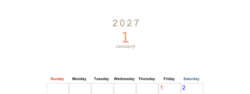 2027年1月縦型日曜始まり 大きい文字が見やすく書き込みも楽な無料シンプルカレンダーをダウンロード(A4印刷) 【No.202701100110】