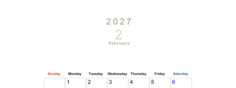 2027年2月縦型日曜始まり 大きい文字が見やすく書き込みも楽な無料シンプルカレンダーをダウンロード(A4印刷) 【No.202701100210】
