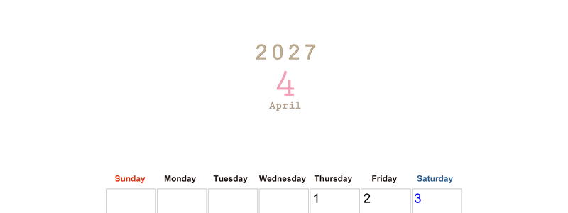 2027年4月縦型日曜始まり 大きい文字が見やすく書き込みも楽な無料シンプルカレンダーをダウンロード(A4印刷) 【No.202701100410】