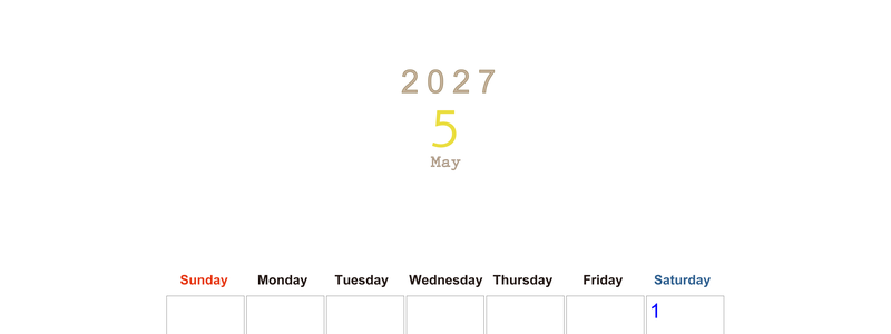 2027年5月縦型日曜始まり 大きい文字が見やすく書き込みも楽な無料シンプルカレンダーをダウンロード(A4印刷) 【No.202701100510】