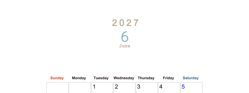 2027年6月縦型日曜始まり 大きい文字が見やすく書き込みも楽な無料シンプルカレンダーをダウンロード(A4印刷) 【No.202701100610】
