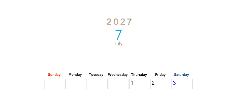 2027年7月縦型日曜始まり  大きい文字が見やすく書き込みも楽な無料シンプルカレンダーをダウンロード(A4印刷) 【No.202701100710】