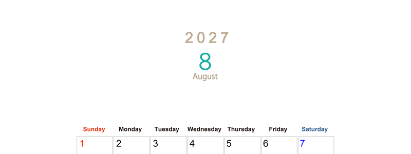 2027年8月縦型日曜始まり 大きい文字が見やすく書き込みも楽な無料シンプルカレンダーをダウンロード(A4印刷) 【No.202701100810】