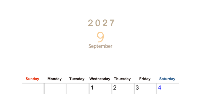 2027年9月縦型日曜始まり 大きい文字が見やすく書き込みも楽な無料シンプルカレンダーをダウンロード(A4印刷) 【No.202701100910】