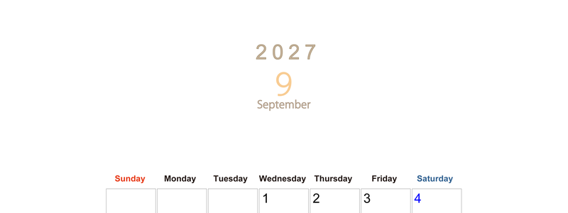 2027年9月縦型日曜始まり 大きい文字が見やすく書き込みも楽な無料シンプルカレンダーをダウンロード(A4印刷) 【No.202701100910】
