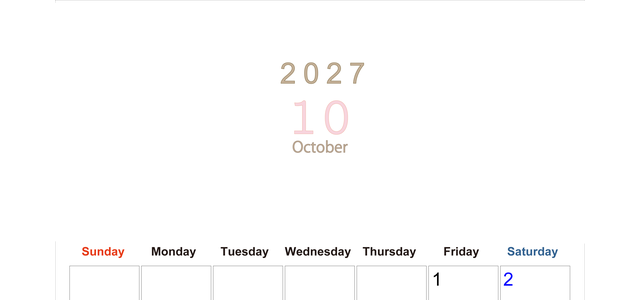 2027年10月縦型日曜始まり 大きい文字が見やすく書き込みも楽な無料シンプルカレンダーをダウンロード(A4印刷) 【No.202701101010】