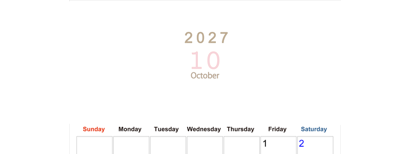 2027年10月縦型日曜始まり 大きい文字が見やすく書き込みも楽な無料シンプルカレンダーをダウンロード(A4印刷) 【No.202701101010】