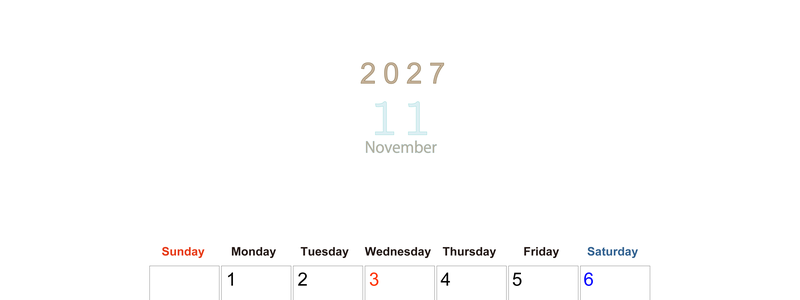 2027年11月縦型日曜始まり 大きい文字が見やすく書き込みも楽な無料シンプルカレンダーをダウンロード(A4印刷) 【No.202701101110】