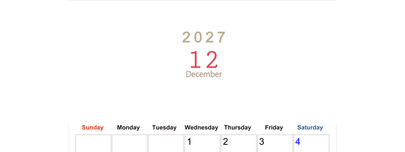 2027年12月縦型日曜始まり 大きい文字が見やすく書き込みも楽な無料シンプルカレンダーをダウンロード(A4印刷) 【No.202701101210】