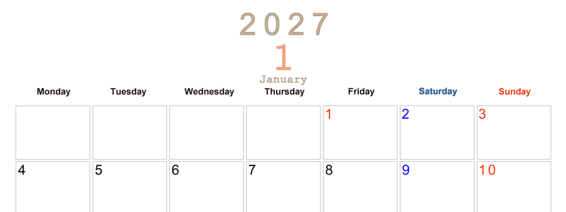 2027年1月横型月曜始まり 大きい文字が見やすく書き込みも楽な無料シンプルカレンダーをダウンロード(A4印刷) 【No.202701100101】