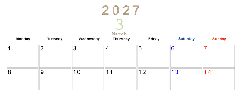 2027年3月横型月曜始まり 大きい文字が見やすく書き込みも楽な無料シンプルカレンダーをダウンロード(A4印刷) 【No.202701100301】