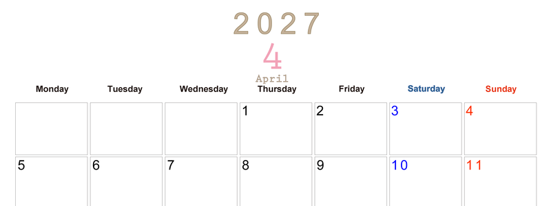 2027年4月横型月曜始まり 大きい文字が見やすく書き込みも楽な無料シンプルカレンダーをダウンロード(A4印刷) 【No.202701100401】