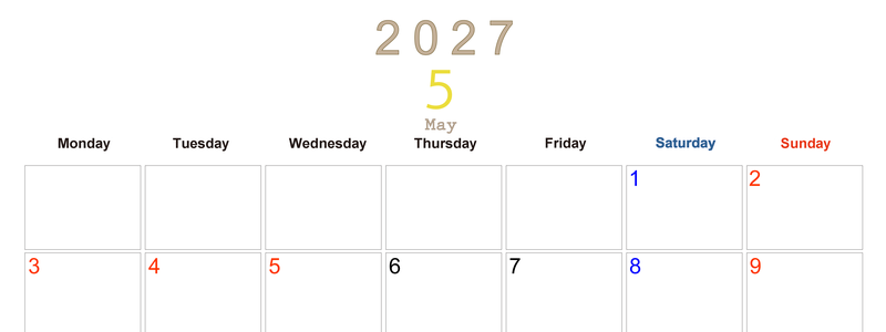 2027年5月横型月曜始まり 大きい文字が見やすく書き込みも楽な無料シンプルカレンダーをダウンロード(A4印刷) 【No.202701100501】