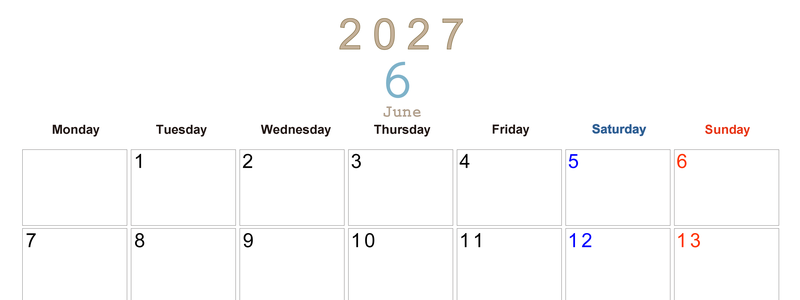 2027年6月横型月曜始まり 大きい文字が見やすく書き込みも楽な無料シンプルカレンダーをダウンロード(A4印刷) 【No.202701100601】