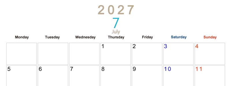 2027年7月横型月曜始まり  大きい文字が見やすく書き込みも楽な無料シンプルカレンダーをダウンロード(A4印刷) 【No.202701100701】