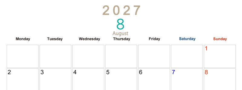 2027年8月横型月曜始まり 大きい文字が見やすく書き込みも楽な無料シンプルカレンダーをダウンロード(A4印刷) 【No.202701100801】