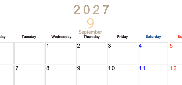 2027年9月横型月曜始まり 大きい文字が見やすく書き込みも楽な無料シンプルカレンダーをダウンロード(A4印刷) 【No.202701100901】