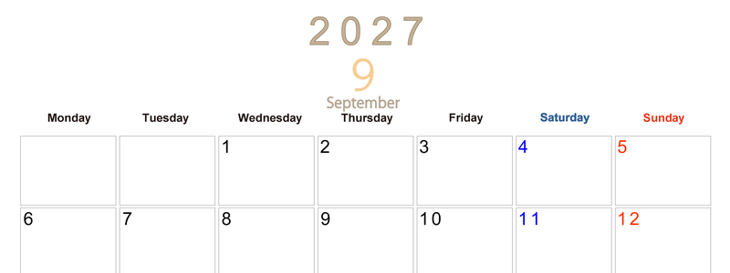 2027年9月横型月曜始まり 大きい文字が見やすく書き込みも楽な無料シンプルカレンダーをダウンロード(A4印刷) 【No.202701100901】
