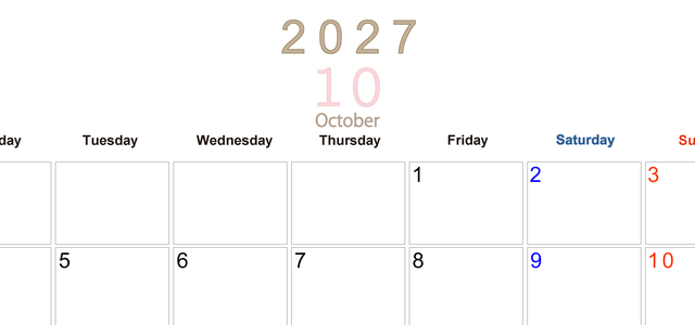 2027年10月横型月曜始まり 大きい文字が見やすく書き込みも楽な無料シンプルカレンダーをダウンロード(A4印刷) 【No.202701101001】