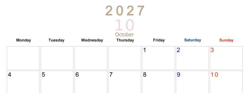 2027年10月横型月曜始まり 大きい文字が見やすく書き込みも楽な無料シンプルカレンダーをダウンロード(A4印刷) 【No.202701101001】