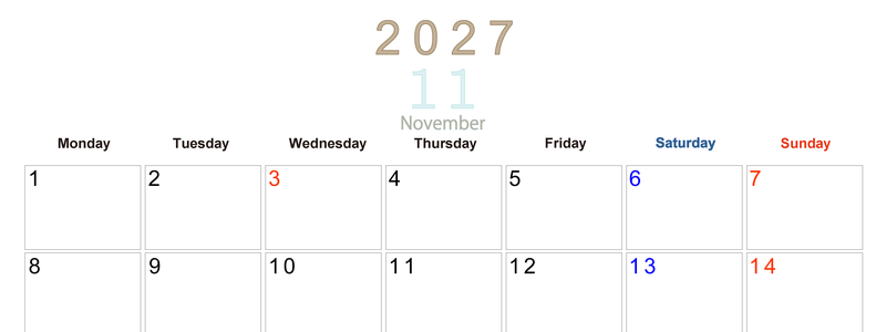 2027年11月横型月曜始まり 大きい文字が見やすく書き込みも楽な無料シンプルカレンダーをダウンロード(A4印刷) 【No.202701101101】