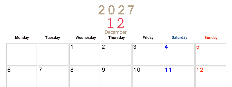 2027年12月横型月曜始まり 大きい文字が見やすく書き込みも楽な無料シンプルカレンダーをダウンロード(A4印刷) 【No.202701101201】