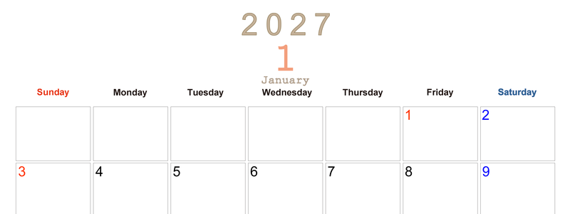 2027年1月横型日曜始まり 大きい文字が見やすく書き込みも楽な無料シンプルカレンダーをダウンロード(A4印刷) 【No.202701100100】