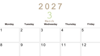 2027年3月横型日曜始まり 大きい文字が見やすく書き込みも楽な無料シンプルカレンダーをダウンロード(A4印刷) 【No.202701100300】