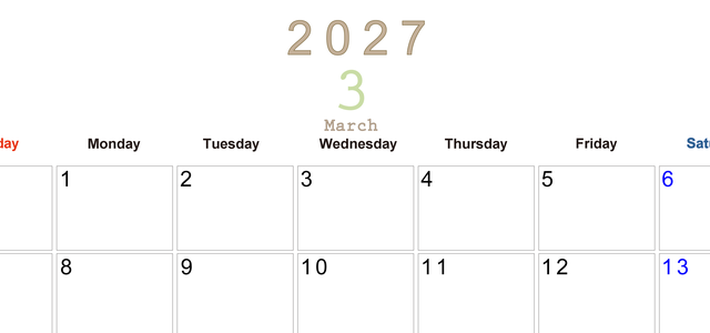 2027年3月横型日曜始まり 大きい文字が見やすく書き込みも楽な無料シンプルカレンダーをダウンロード(A4印刷) 【No.202701100300】
