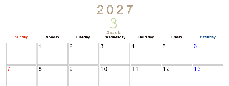 2027年3月横型日曜始まり 大きい文字が見やすく書き込みも楽な無料シンプルカレンダーをダウンロード(A4印刷) 【No.202701100300】