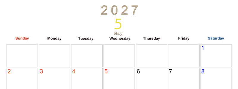2027年5月横型日曜始まり 大きい文字が見やすく書き込みも楽な無料シンプルカレンダーをダウンロード(A4印刷) 【No.202701100500】