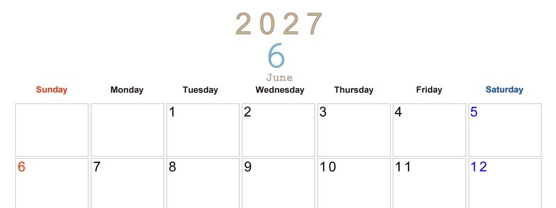 2027年6月横型日曜始まり 大きい文字が見やすく書き込みも楽な無料シンプルカレンダーをダウンロード(A4印刷) 【No.202701100600】