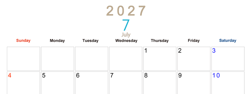 2027年7月横型日曜始まり 大きい文字が見やすく書き込みも楽な無料シンプルカレンダーをダウンロード(A4印刷) 【No.202701100700】