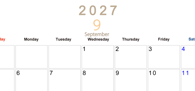 2027年9月横型日曜始まり 大きい文字が見やすく書き込みも楽な無料シンプルカレンダーをダウンロード(A4印刷) 【No.202701100900】