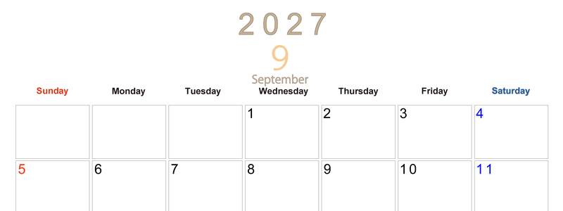 2027年9月横型日曜始まり 大きい文字が見やすく書き込みも楽な無料シンプルカレンダーをダウンロード(A4印刷) 【No.202701100900】