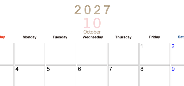 2027年10月横型日曜始まり 大きい文字が見やすく書き込みも楽な無料シンプルカレンダーをダウンロード(A4印刷) 【No.202701101000】
