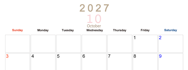 2027年10月横型日曜始まり 大きい文字が見やすく書き込みも楽な無料シンプルカレンダーをダウンロード(A4印刷) 【No.202701101000】