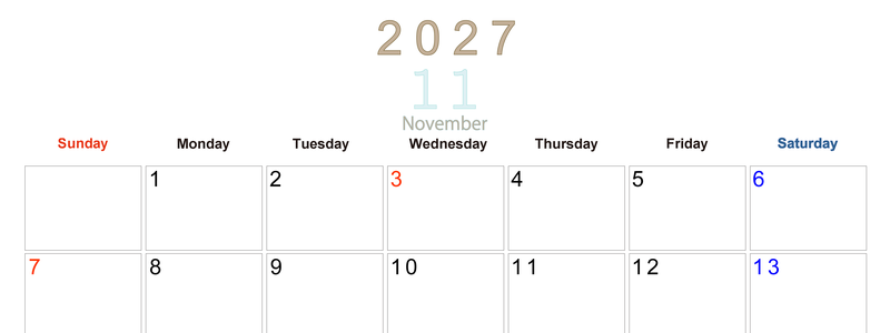 2027年11月横型日曜始まり 大きい文字が見やすく書き込みも楽な無料シンプルカレンダーをダウンロード(A4印刷) 【No.202701101100】