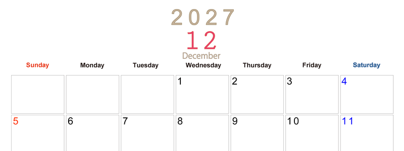 2027年12月横型日曜始まり 大きい文字が見やすく書き込みも楽な無料シンプルカレンダーをダウンロード(A4印刷) 【No.202701101200】